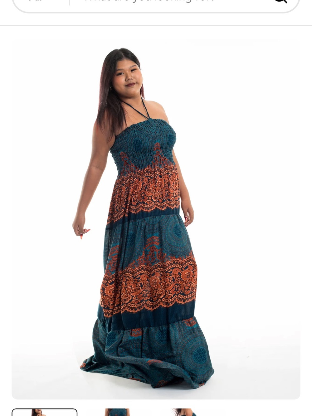 Boho Strapless Smocked Maxi Dress in Teal and Rust/ Orange color
